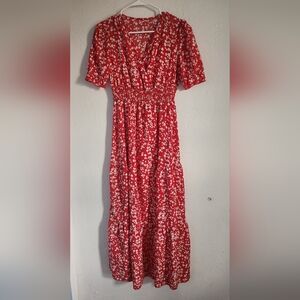 SHEIN surplice wrap bodice tiered ruffle red ditsy floral midi dress